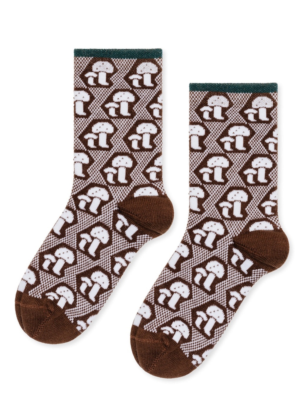 Hansel From Basel Brown Mushroom Print Knit Cotton Crew Socks OS NWT